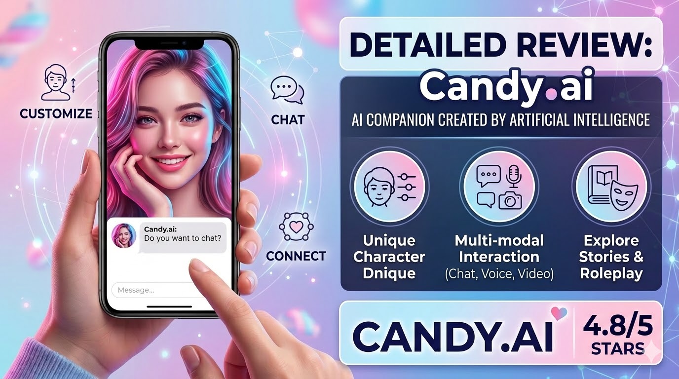 Candy AI review showing the main dashboard and character selection interface